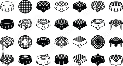 A Collection of Diverse Tablecloths Arranged in Rows Showing Different Shapes and Patterns