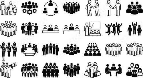 A collection of diverse pictogram icons representing various human groups and interactions in a business context
