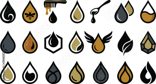 A collection of stylized droplet icons representing various liquids and natural elements with diverse designs