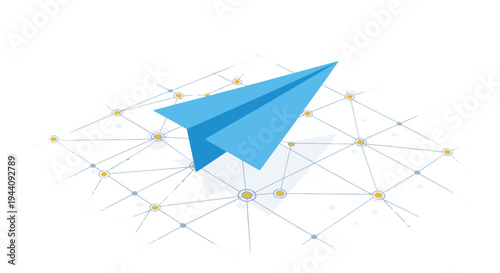 A paper airplane soaring through a network of interconnected nodes and pathways.