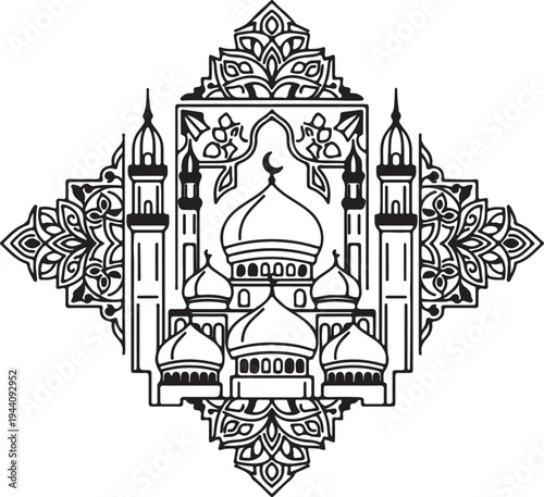 Vintage vector illustration of a medieval castle and cathedral building featuring a silhouette design of an old palace tower and city architecture sketch