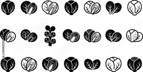 Collection of black and white vector icons representing various types of cabbage and leafy greens