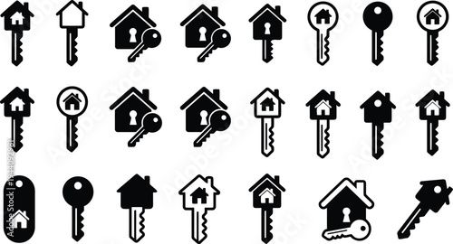 Collection of black house key icons representing home ownership and property access on a transparent background