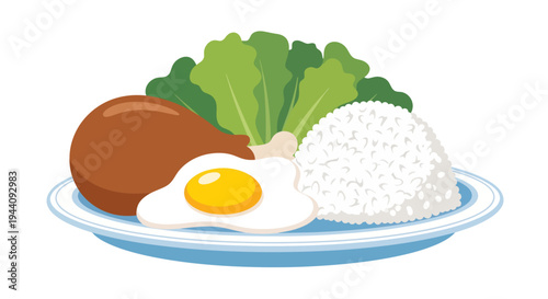 A charming vector illustration of a hearty single-serving meal, featuring a roasted chicken drumstick, a dome of white rice, a sunny-side-up fried egg, and fresh lettuce leaves on a blue-rimmed plate