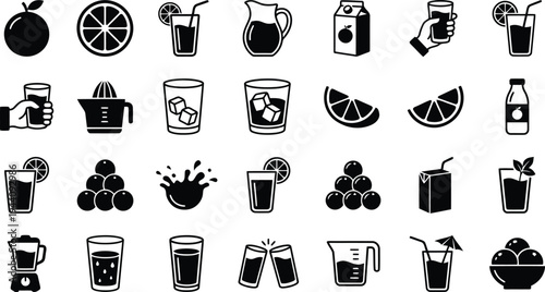 Collection of black beverage icons including oranges juice glasses and blenders on white background