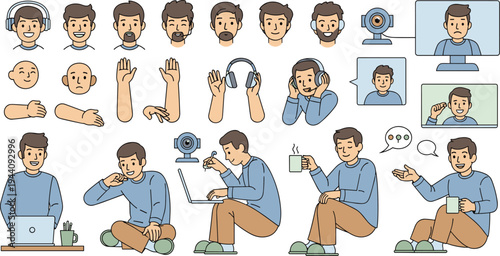 Online Content Creator Character Vector Set Featuring Man Recording Video, Video Call Communication, Podcasting, Laptop Work and Social Media Activities.