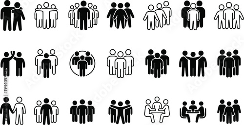 Collection of diverse black human figures representing teamwork and social connections isolated on transparent background