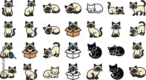 Collection of diverse cartoon siamese and black cats in various playful and relaxed poses isolated on white