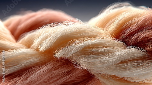 Macro close up of textile fibers creating abstract flowing texture representing fabric structure, material design and soft organic background.