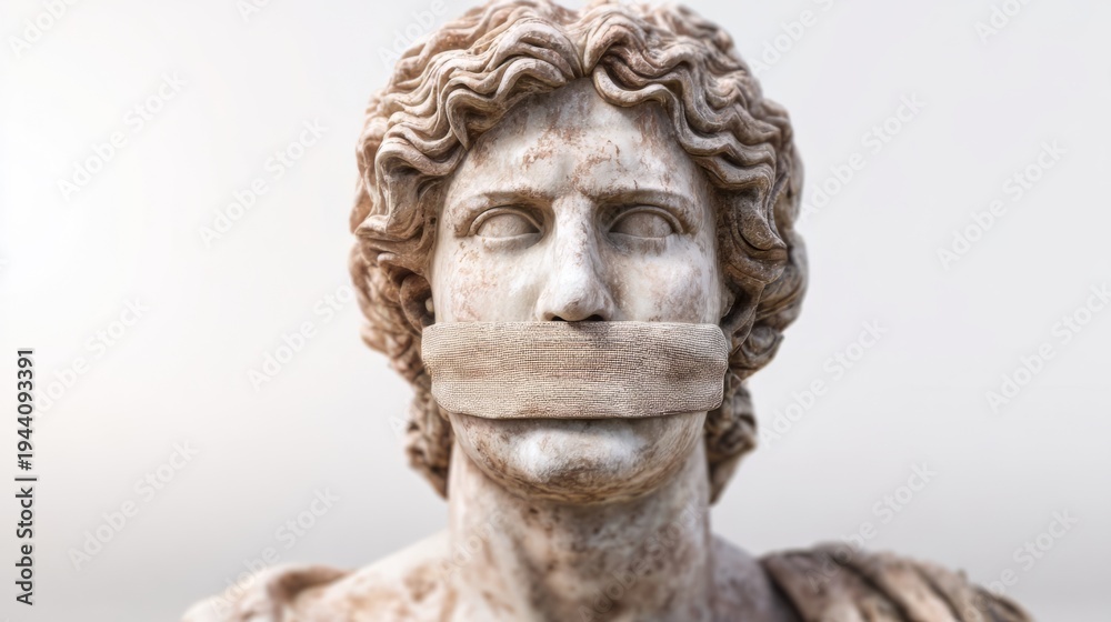 Obraz premium Ancient man statue with mouth duct taped. Symbol of censorship and freedom of speech restriction. Conceptual metaphor for suppressed truth, silence and communication barrier in society.