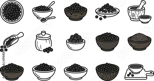 Collection of handdrawn icons depicting black peppercorns in various bowls and containers for culinary use