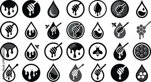 Collection of Honey Icons Featuring Dripping Honey Dippers Bees and Honeycombs Isolated on Transparent Background