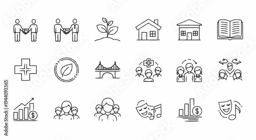 Collection of Hand Drawn Icons Representing Business and Social Concepts.