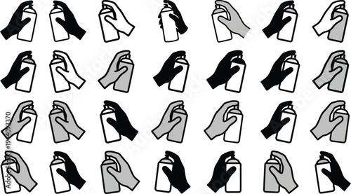 Collection of illustrated hands holding spray paint cans in various colors and poses