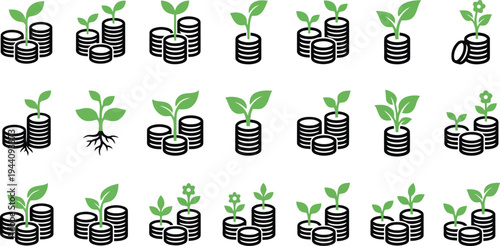 Collection of illustrated business growth icons featuring stacked coins and green sprouts isolated on a white background