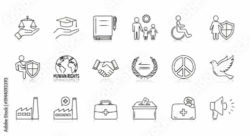 Collection of Hand Drawn Icons Representing Social Justice and Human Rights.