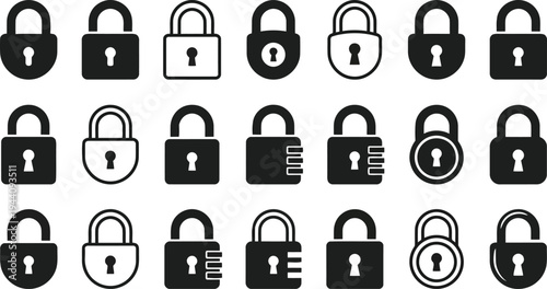 Collection of various black padlock icons with keyholes representing security and protection concept isolated on white