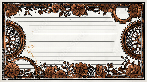 Vintage industrial steampunk decorative border featuring copper metallic flowers and mechanical gears on a white striped background for unique invitations.
