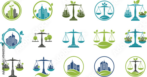 Sustainable Urban Development and Environmental Balance Logo Vector Set Featuring Green City Skyline, Justice Scales, Eco Architecture and Nature Protection Symbols.