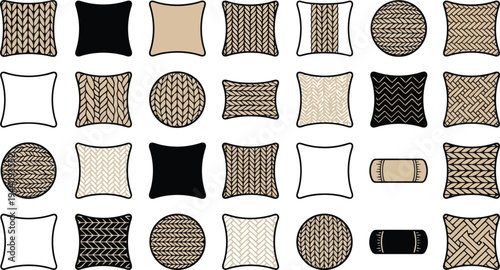 Collection of various decorative throw pillows with different knitted and geometric patterns isolated on white background