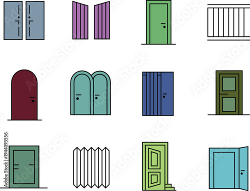 Colorful Vector Icon Set Featuring Various Modern and Traditional House Doors Entrance Gates and Architectural Building Openings