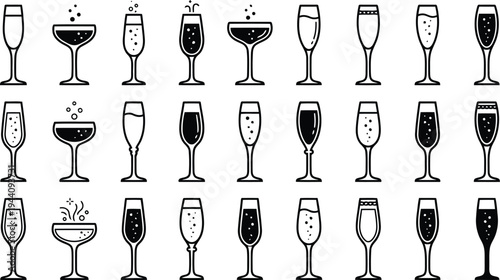 Collection of various stylized champagne flute and coupe glasses filled with bubbly liquid and festive decorations