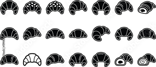 Collection of various stylized croissant icons with black fill and white outline isolated on transparent background