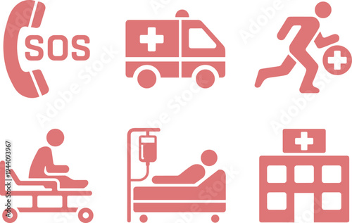Emergency medical service icons set including ambulance, SOS call, hospital building, patient bed, stretcher and rescue runner