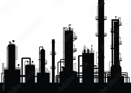 Petrochemical refinery plant silhouette with industrial towers, pipelines and processing units in minimalist black vector style representing oil industry, energy production infrastructure.