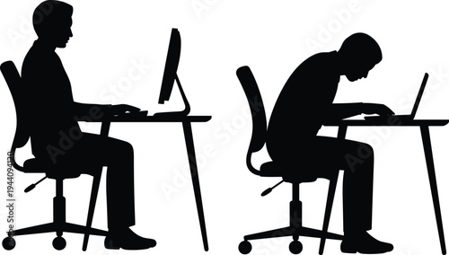 Correct and incorrect sitting posture at computer workstation silhouette comparison showing ergonomic office posture versus bad slouching position for workplace health awareness.
