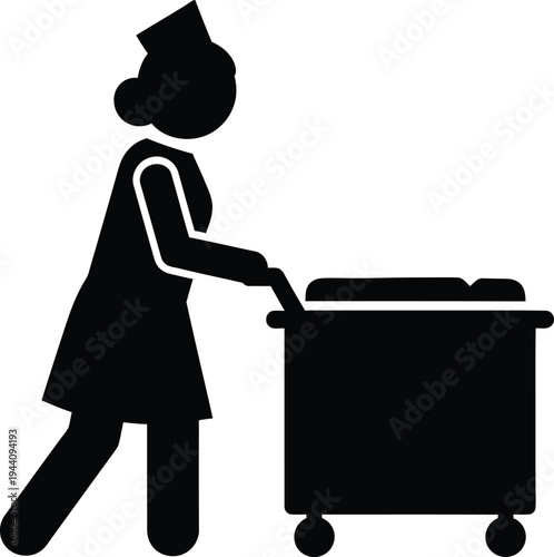 Black silhouette of a maid pushing a laundry cart vector