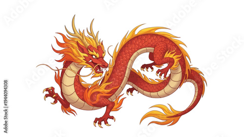 A graceful dragon in mid-air with flaming tail and intricate scales Vector