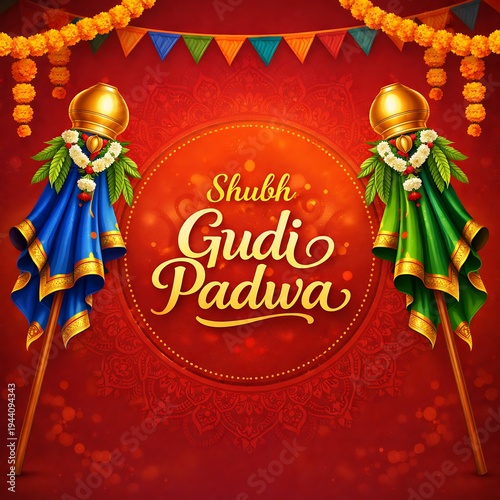 Colorful Gudi Padwa festival illustration with symmetrical sacred gudi decorations, festive garlands, and ornamental red background celebrating the Maharashtrian New Year