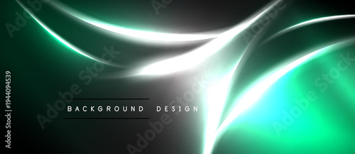 Abstract flowing lines, vibrant green, silver highlights. Dark background creates dramatic visual effect. Modern design element.