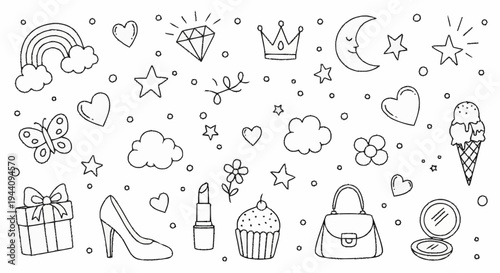 Collection of hand-drawn doodle icons for girls and women.