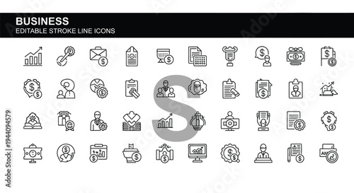This comprehensive vector illustration presents a diverse collection of editable stroke line icons representing various core business concepts, financial management, growth analytics, office tasks, an