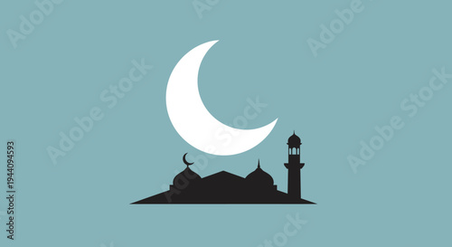 Mosque Silhouette Under Crescent Moon.