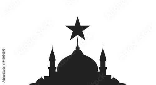 Mosque silhouette with star and minarets.