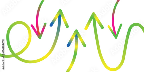 A colorful abstract line art piece featuring multicolored squiggles and arrows on a white background with a playful and dynamic composition
