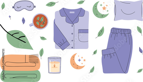 Cozy Night Routine and Sleep Essentials Vector Set Featuring Pajamas, Pillow, Sleep Mask, Candle, Blanket and Relaxing Bedtime Elements.
