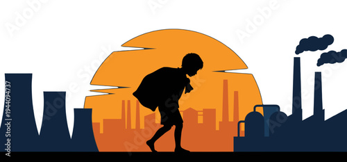 Child labour vector silhouette of a young kid carrying a heavy sack walking away from an industrial factory pollution background at sunset representing exploitation
