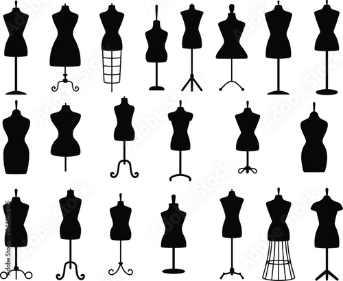 Fashion mannequin silhouette collection featuring dress form stands for tailoring and clothing design, minimalist black vector set for boutique display, fashion studio and apparel branding.