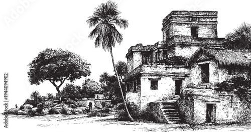 Tulum Ruins, Mexico illustration on a white background. This vector illustration can be used in any size you like for advertising, logos, and other work.