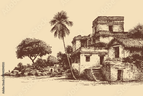 Tulum Ruins, Mexico illustration in a vintage style. This vector illustration can be used in any size you like for advertising, logos, and other work.