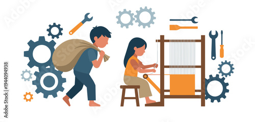 Stop Child Labour Vector Illustration Showing Boy Carrying Heavy Sack and Girl Working at Textile Loom with Industrial Gears and Tools Concept of Exploitation and Poverty