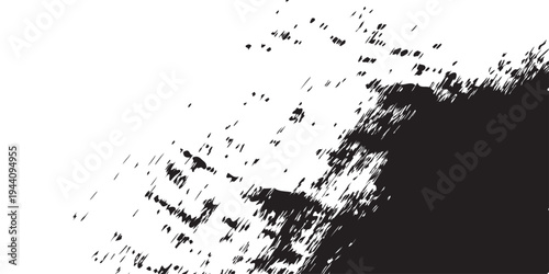 Minimalist black-and-white abstract stroke, with dense ink coverage on one side transitioning into fragmented textures and scattered specks as it moves outward. The artwork symbolizes fading, erosion