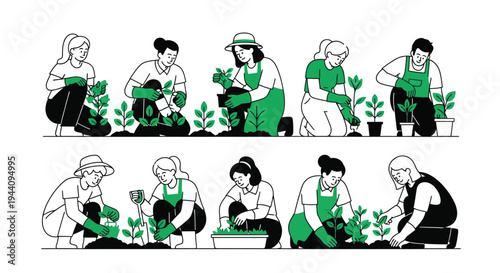 Diverse group of gardeners working together planting small saplings and nurturing green sprouts in soil representing environmental care and sustainable growth illustration design