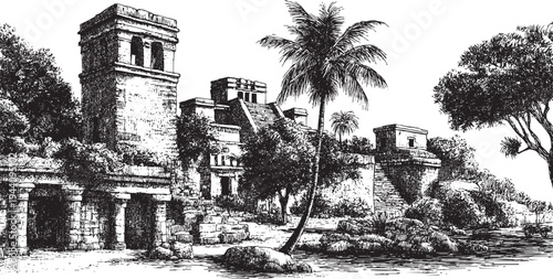 Tulum Ruins, Mexico illustration on a white background. This vector illustration can be used in any size you like for advertising, logos, and other work.