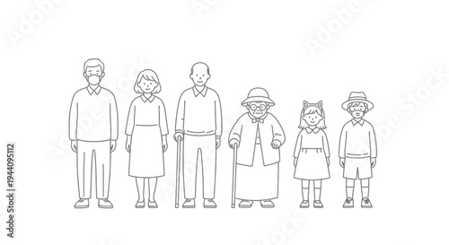 A charming linear vector illustration depicting three generations of a diverse family, featuring a group of individuals including parents, grandparents, and two children standing together, with some m
