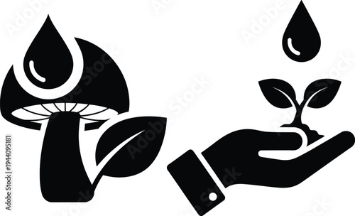 Black and white illustration of a mushroom and a hand holding a seedling with flame designs